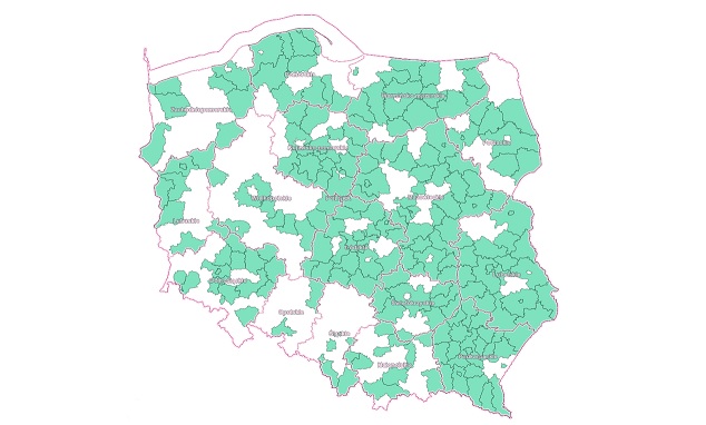 Mapa powiatów korzystających przy prowadzeniu EGiB z bezpośredniej komunikacji z Elektroniczną Księgą Wieczystą - stan na dzień 3 lipca 2019 r.  (fot. GUGiK)
