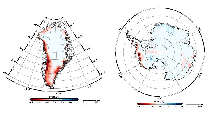 Zmiany głębokości pokrywy lodowej Grenlandii i Antarktydy