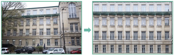 Przykład zdjęcia przed (po lewej) i po przetwarzaniu graficznym (po prawej) w programie Photoshop CS6 – Gmach Architektury (źródło: opracowanie własne)