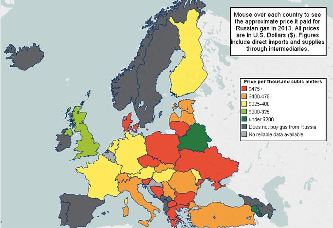 Mapa cen rosyjskiego gazu w Europie