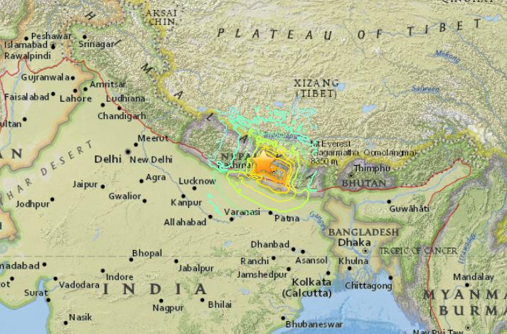 Mapa trzęsienia ziemi w Nepalu USGS