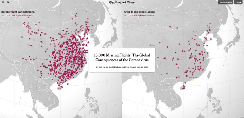 Tysiące odwołanych lotów z powodu koronawirusa - mapy New York Times