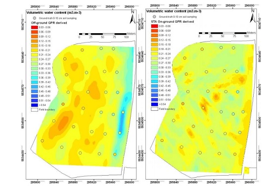 Mapy wilgotności gleby opracowane na podstawie danych z georadaru (GPR) w ramach projekt DIGISOIL