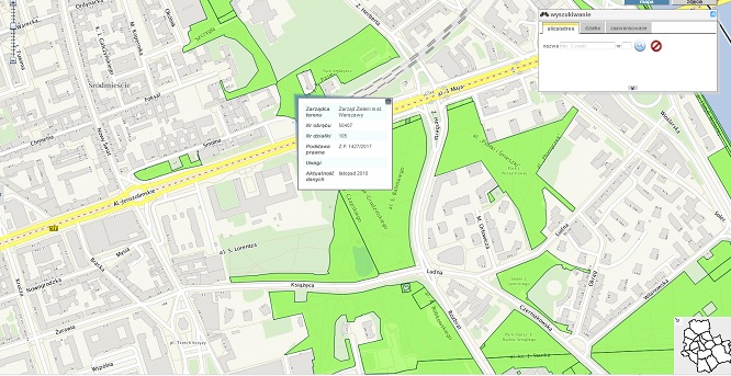 Geoportal Warszawy: tereny zielone pod zarządem miasta (fot. mapa.um.warszawa.pl)