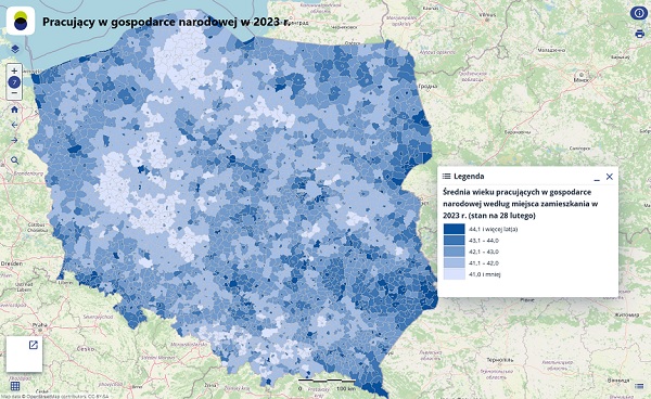 Średnia wieku pracujących w gospodarce narodowej według miejsca zamieszkania w 2023 r. (fot. geo.stat.gov.pl)