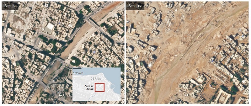Zdjęcia satelitarne Derna po katastrofalnej powodzi
