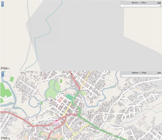 Miasto Guéckédou na mapie OpenStreetMap przed i po wdrożeniu projektu 