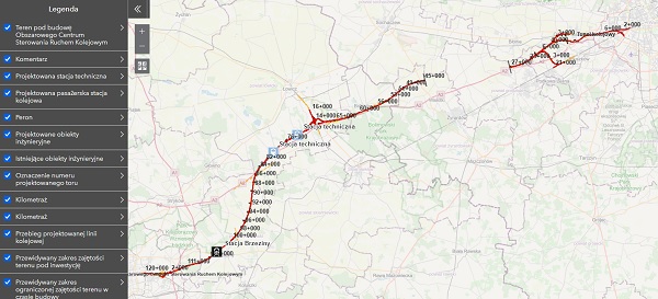 Przebieg szybkiej kolei Warszawa - Łódź na mapie