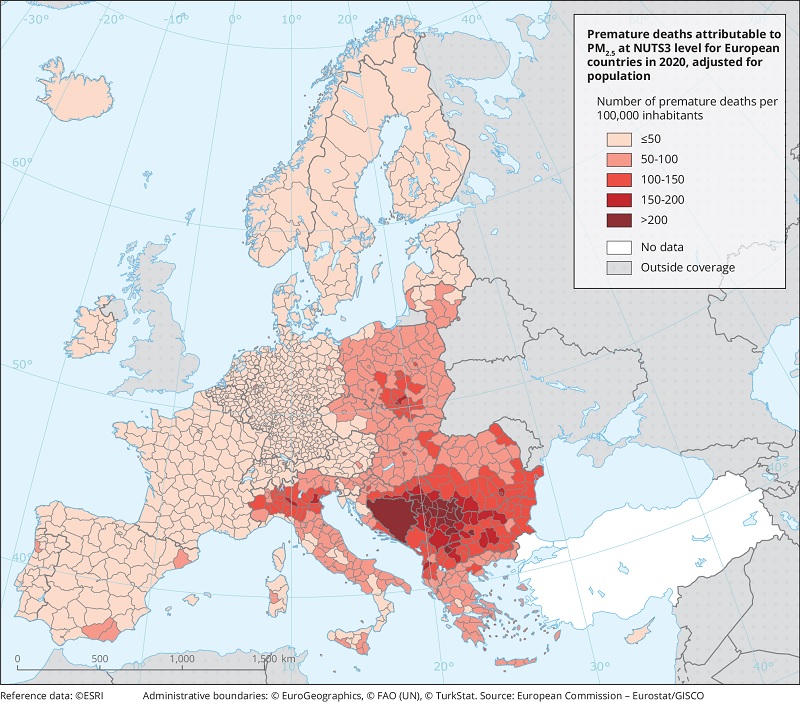 Mapa przedwczesnych zgonów spowodowanych przez PM2,5 w Europie w 2020 roku (fot. EEA)