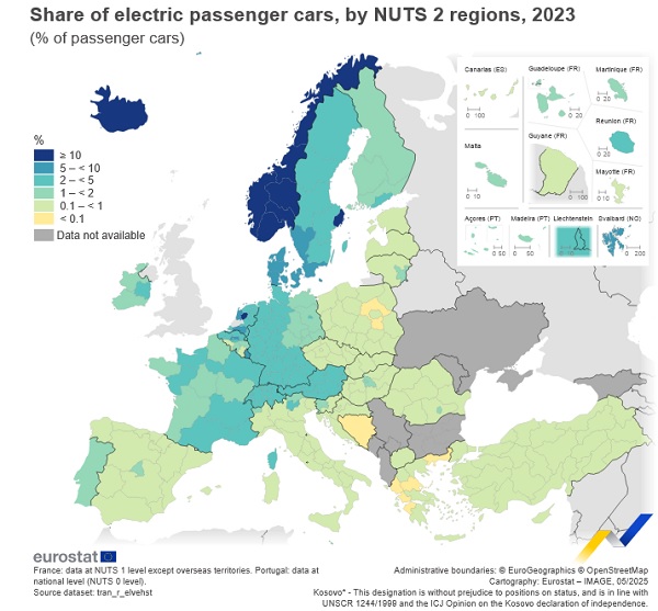 Udział samochodów elektrycznych w krajach UE (fot. Eurostat)