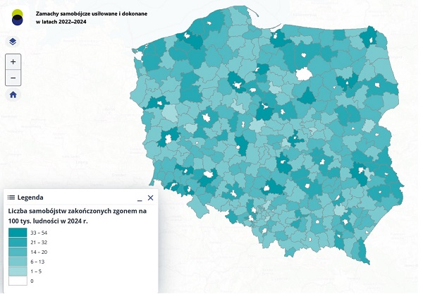 Mapa samobójstw w Polsce. Nowa publikacja w Portalu Geostatystycznym
