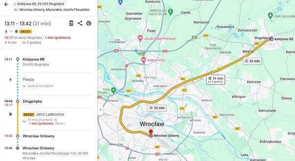 Lokalizację pociągów Kolei Dolnośląskich sprawdzimy na Mapie Google