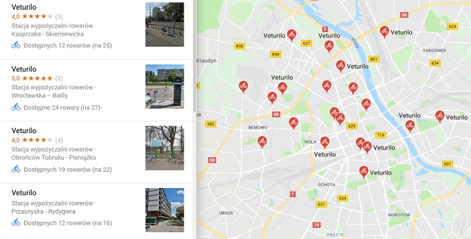 Dostępność miejskich rowerów na Mapach Google