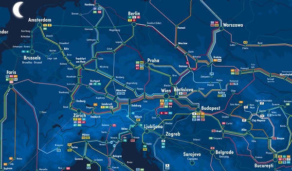 Mapa nocnych połączeń kolejowych w Europie
